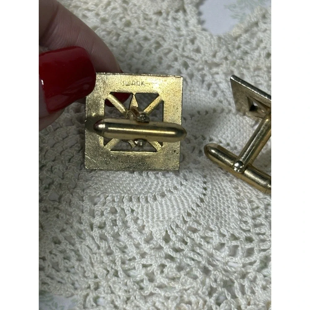 Vintage Swank Gold Tone Square Cufflinks Fleur De Lis Geometric Mid Century
